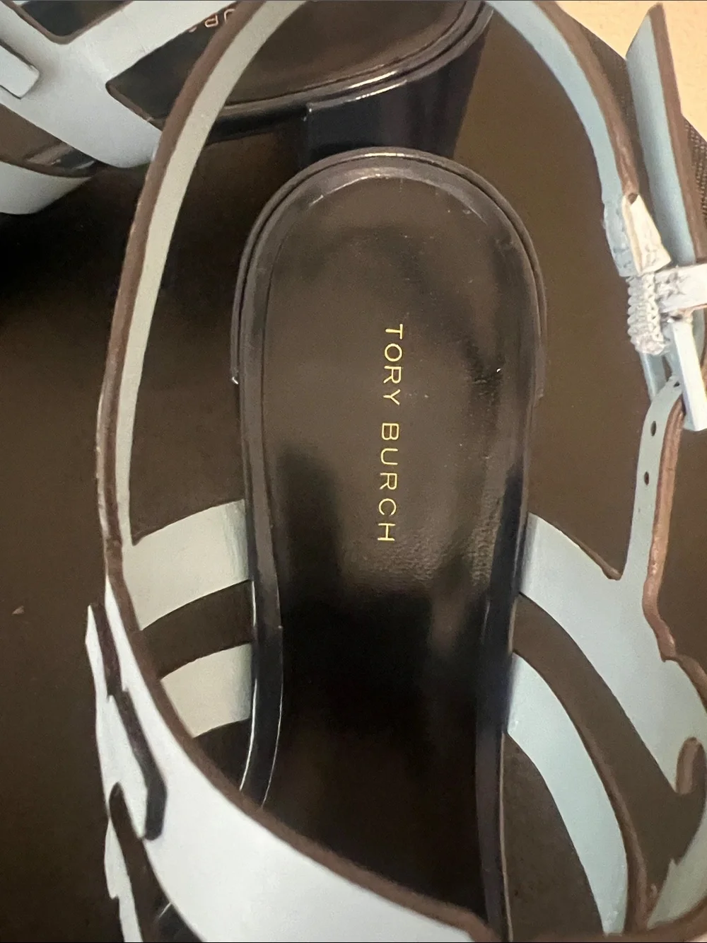 Tory Burch Ines Cage Heel Sandals 50mm Pale Lapis Perfect Navy Size 9 New